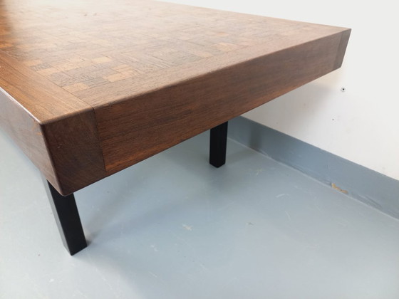 Image 1 of Vintage rectangular coffee table by Dieter Wackerlin in wenge wood mosaic and black metal legs from the 60s/70s