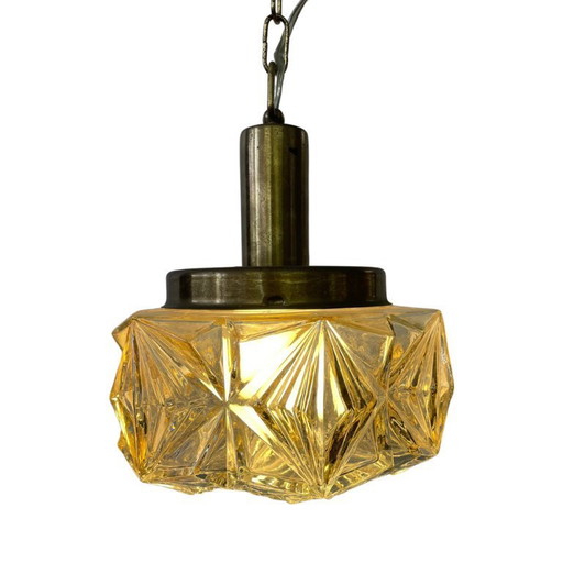 Suspension vintage en laiton et verre ambré