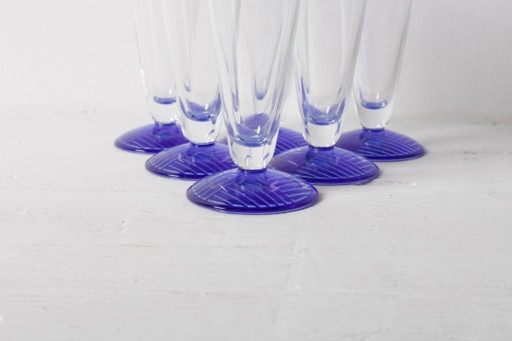 Set van 6 Vintage Glazen met Blauwe Voet / Zeldzame Hoge Tumblers / Zwiesel Glas / Duitsland / Jaren 90 (photo 2 of 11)