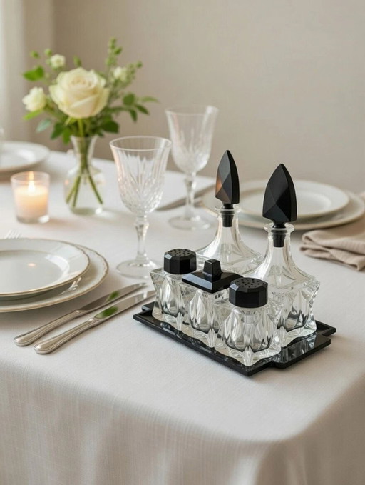 Juego de vinagreras Art Déco de lujo de 6 piezas: pimienta, sal, vinagre, aceite y mostaza