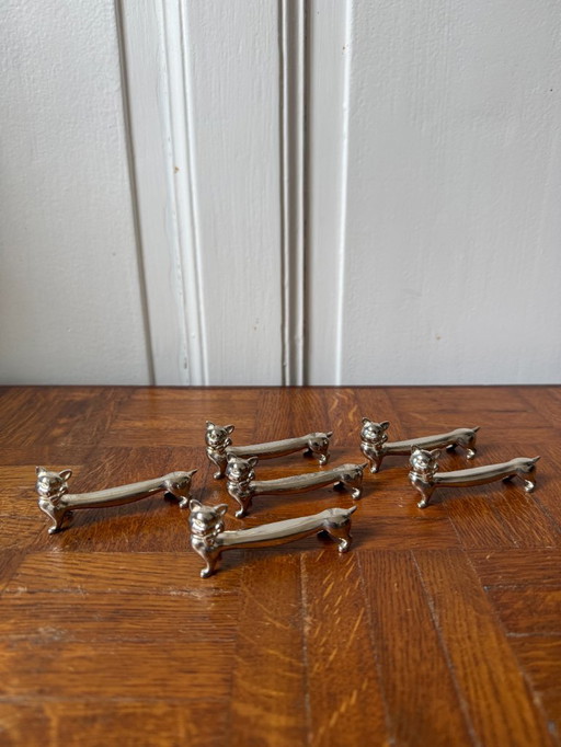 Set di 6 poggiacoltelli a forma di gatto in metallo argentato