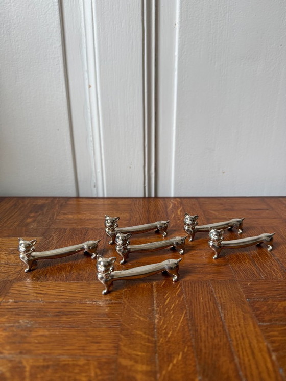 Image 1 of Set di 6 poggiacoltelli a forma di gatto in metallo argentato