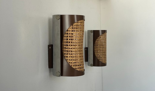 Pareja de apliques vintage, caña y cromo, Francia 1970