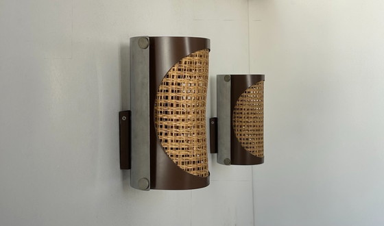 Image 1 of Pair of vintage sconces, cane and chrome, France 1970