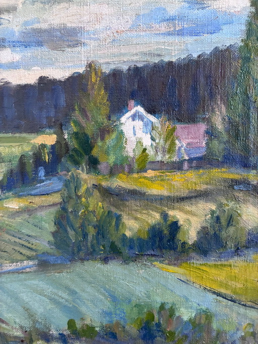 Peinture à l'huile originale vintage représentant un paysage champêtre.