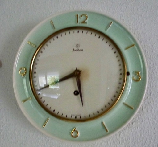 Vintage Junghans wall clock, mint green and gold accents, mid-20th century, Germany