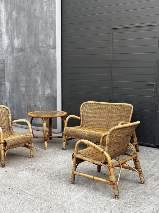 Vintage rotan tuinset – bank, 2 fauteuils en salontafel (jaren 70) 