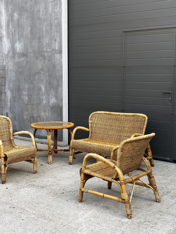 Image 1 of Vintage rotan tuinset – bank, 2 fauteuils en salontafel (jaren 70) 