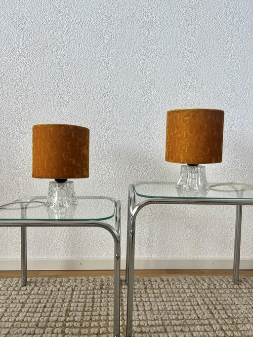 Pair of 1970s Vintage Glass Table Lamps with Original Velvet Shades