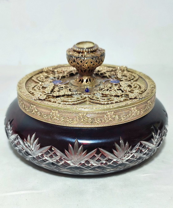 Image 1 of Scatola per gioielli in vetro e metallo E&JB Empire Gold Art. USA, anni '20.