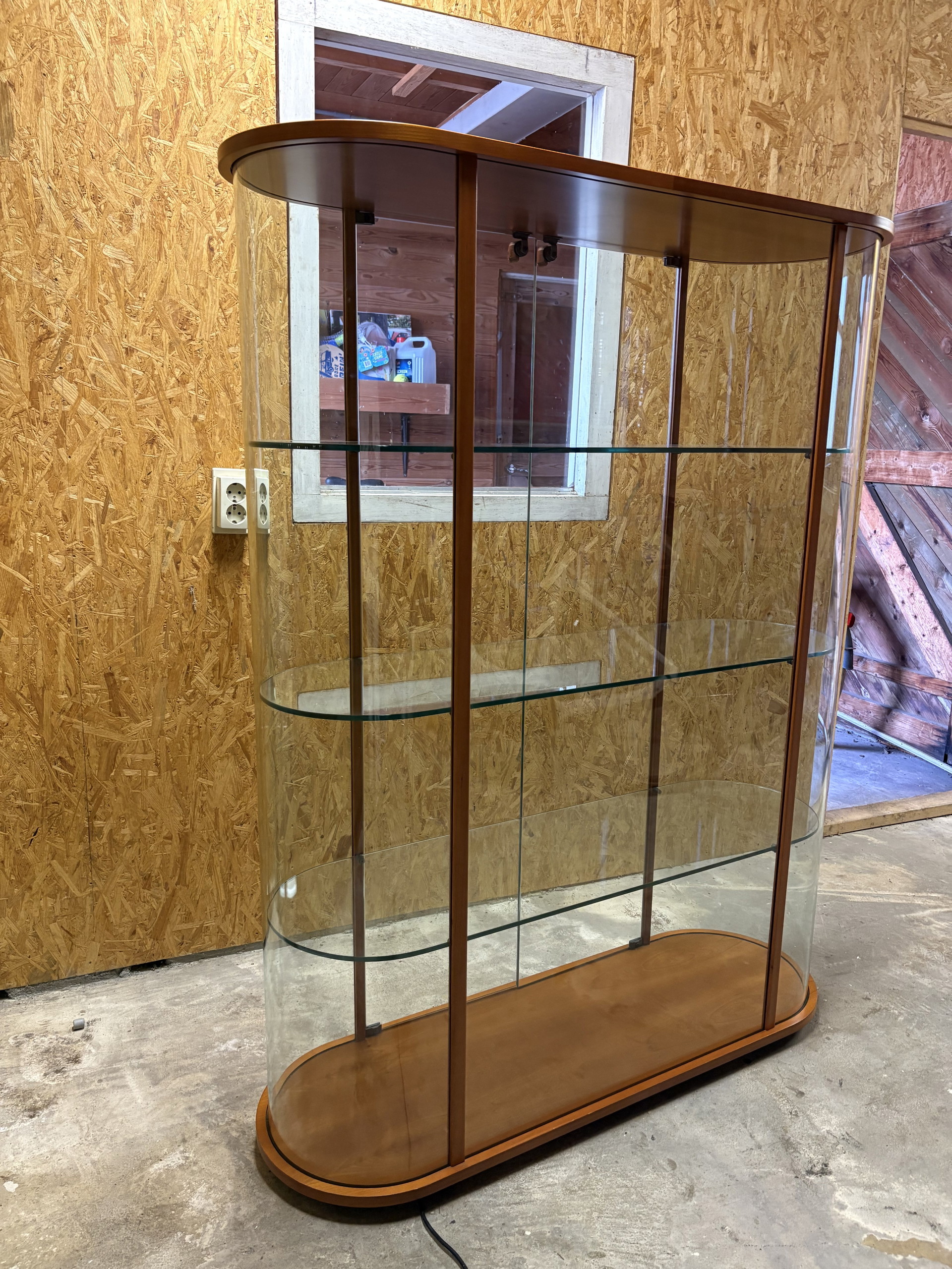 Vintage Fiam Italia oval cherry wood and glass display cabinet