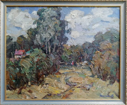 Origineel olieverfschilderij: Natuurlandschap, Dorp, Platteland Koude Dag