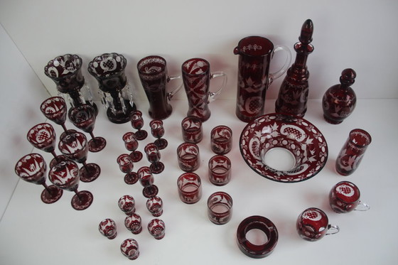 Image 1 of Antique Set of 36 pieces of Artistic cut Ruby red glass, Egermann, 1950's. 