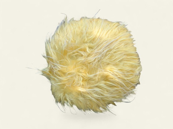 Image 1 of Rarität! 60s Dreibein-Hocker mit Messingbeinen & Gelbem Kunstfell, Retro-Pop Style – Mid-Century Sitzhocker