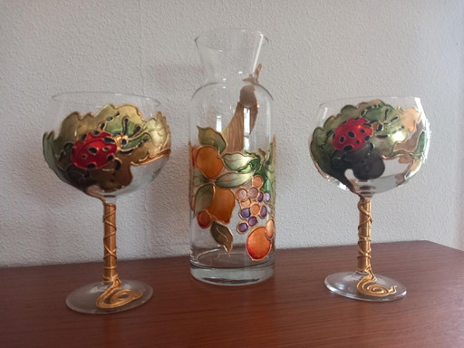 Italian Hand Painted Carafe With 2 Wine Glasses