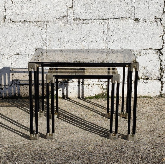 Tables gigognes en verre noir et or, Tables d'appoint, Métal, Vintage (photo 6 sur 15)