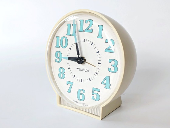 Image 1 of Vintage 1970s Westclox Alarm Clock | Cream and Turquoise, Made in USA