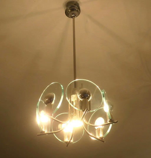 Lampadario placcato in argento con sei dischi di cristallo, Italia, anni '60 – plafondlampen, Metal (photo 2 of 5)