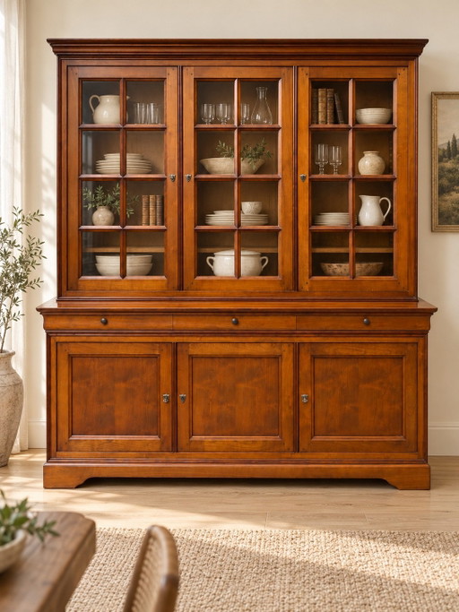 Librería francesa de estilo Luis Felipe en madera maciza de frutal