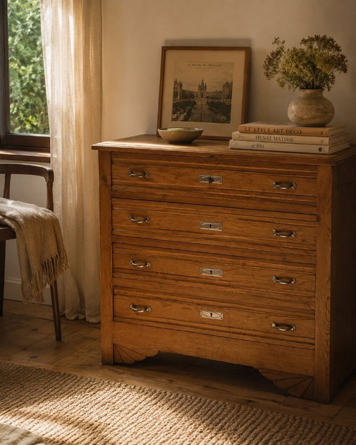 Commode van onbewerkt hout en verchroomd metaal, in art-decostijl uit de jaren 50.