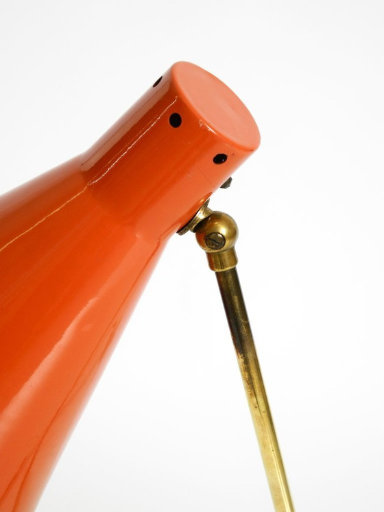 Image 1 of Beautiful, Large Mid-Century Modern Brass Table Lamp with a Brick-Red Shade