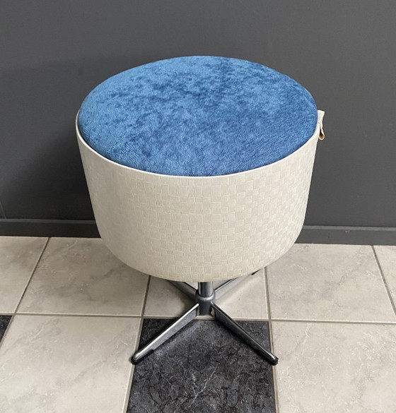 Image 1 of Sewing box on chroom foot, white skai and blue gabric 1960s