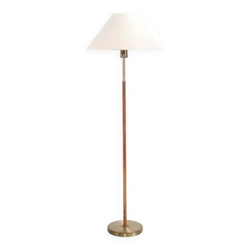 Paavo Tynell style floor lamp in brass and leather with linen shade – vloerlampen, Scandinavian
