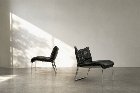 Image 1 of Set van 2 zwarte leren fauteuils met patchwork in Scandinavische stijl uit het midden van de 20e eeuw van Ikea, jaren 80.