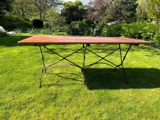 Image 1 of Set Art Nouveau tuinmeubelen in hout en smeedijzer - tafel en 6 stoelen