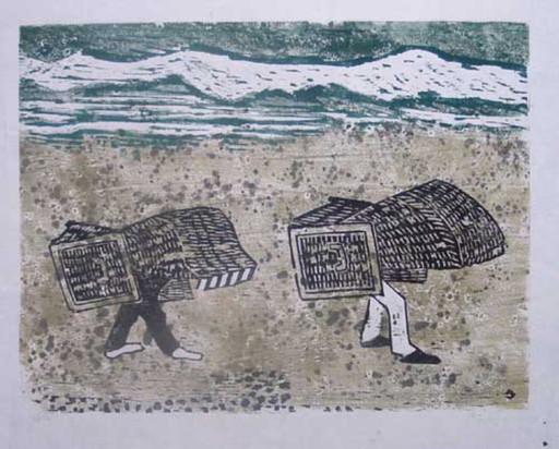 Teuber, Hermann - Sans titre (Chaises de plage) - Linogravure en couleurs - Signée à la main