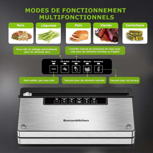 Bonsenkitchen Machine Sous Vide Alimentaire, Machine Sous Vide à 5 Modes-8 L/min, Technologie Globefish pour Un Travail en Conti