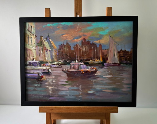 Original Oil Painting Urban Landscape Architecture Port City Sailboats – schilderijen tekeningen, Mdf (photo 2 of 10)