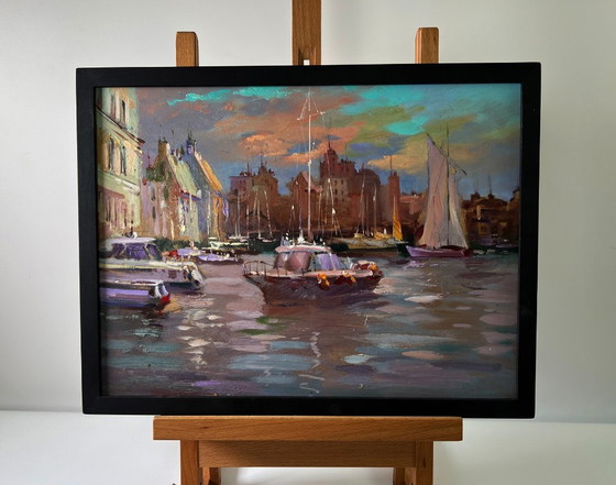 Original Oil Painting Urban Landscape Architecture Port City Sailboats – Paintings & Drawings, Mdf (photo 2 of 10)