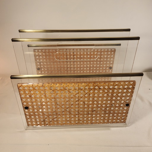 Brass & Lucite Magazine Rack with Wicker Panels c.1970