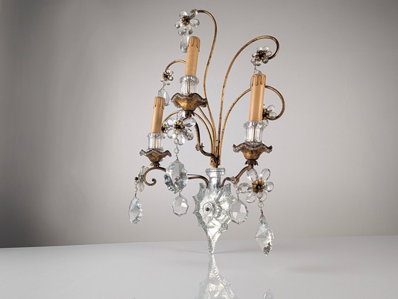 Image 1 of Großer italienischer Wandleuchter aus geschliffenem Kristall, Stil Maison Baguès, 1950er Jahre