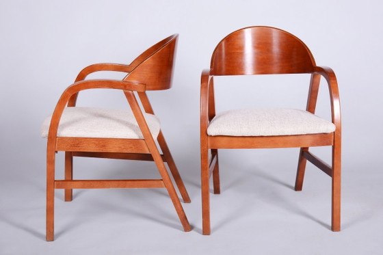 Pair of Restored Mid-Century Armchairs, Reupholstered, Cherry Wood, Czech, 1970s – Textile (photo 17 of 18)
