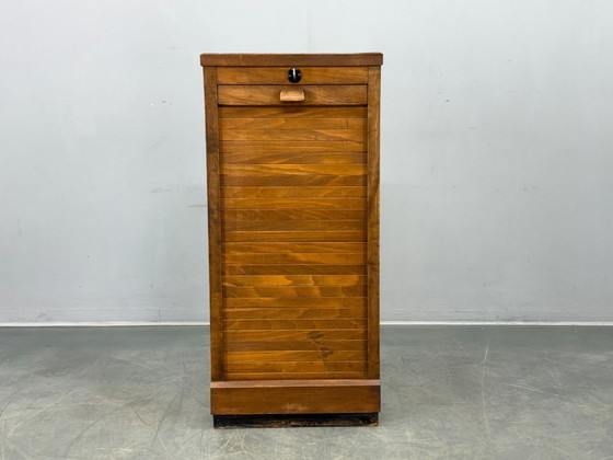 Image 1 of Art Deco Beech Tambour Office Cabinet, Czechoslovakia 1940s