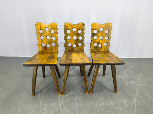 Set of 3 Brutalist Wooden Chairs, Czechoslovakia, 1950s