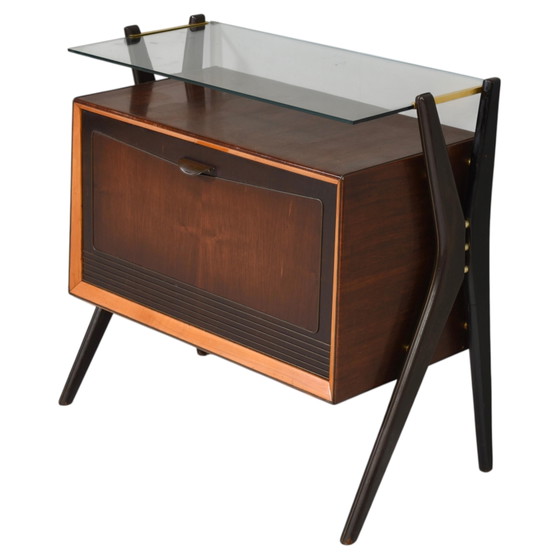 Meuble bar / Meuble à cocktails attribué à Vittorio Dassi - Italie, années 1950, Métal, Verre, Marron (photo 2 sur 16)