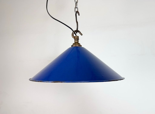 Lampada a sospensione industriale in smalto blu, anni '50
