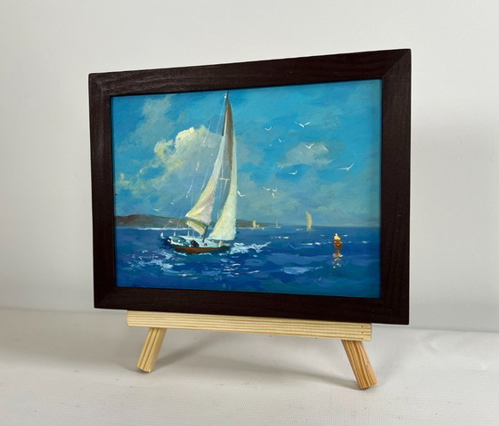Image 1 of Dipinto ad olio originale, Paesaggio marino estivo, Viaggio in mare e canto degli uccelli
