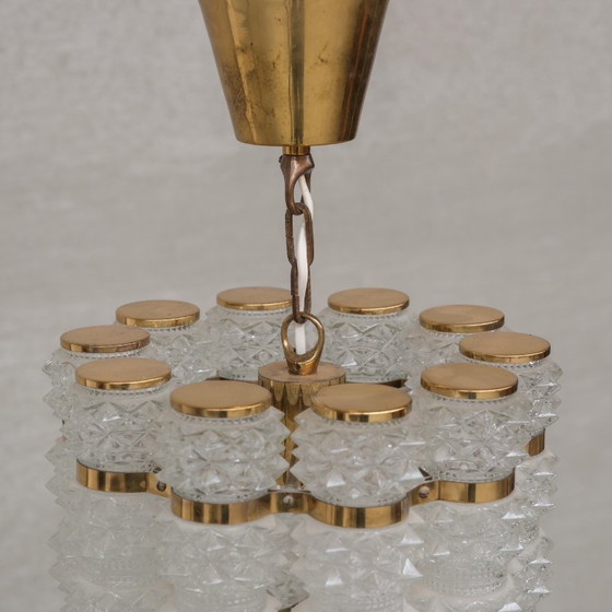 Image 1 of Swedish Mid-Century Brass and Glass Chandelier by Orrefors for Tyringe