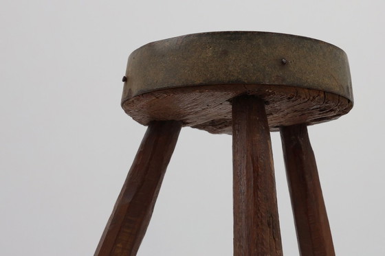 Image 1 of Brutalist French Solid Oak Tripod Stool with Metal Rim, 1850s