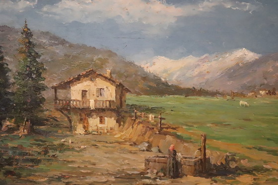 Image 1 of Italiaans bergdallandschap, gesigneerd olieverfschilderij, 20e eeuw