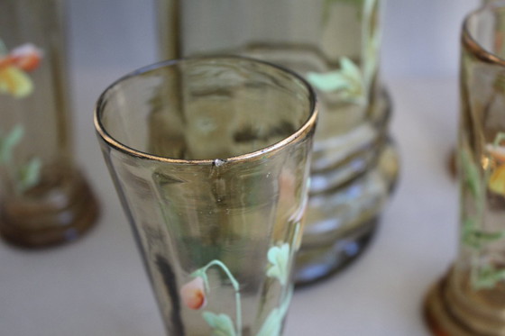 Image 1 of Antike hohe Bierkanne Krug grünes Glas Emailmalerei Blumen um 1900 mit 4 Gläsern