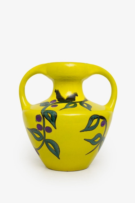Yellow Marei 9302 ceramic amphora vase 60s/ 70s with plant decor