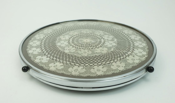 Image 1 of large rotating TRAY with fine crochet doily under glass wood and chrome 1930s