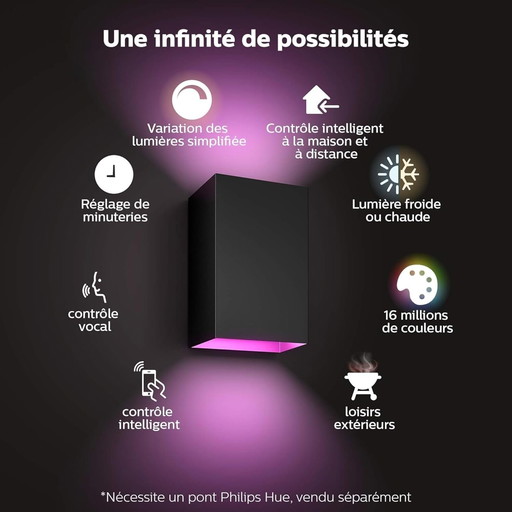 Philips Hue White & Color ambiance RESONATE, Applique extérieure noire, fonctionne avec Alexa, Google Assistant et Apple Homekit