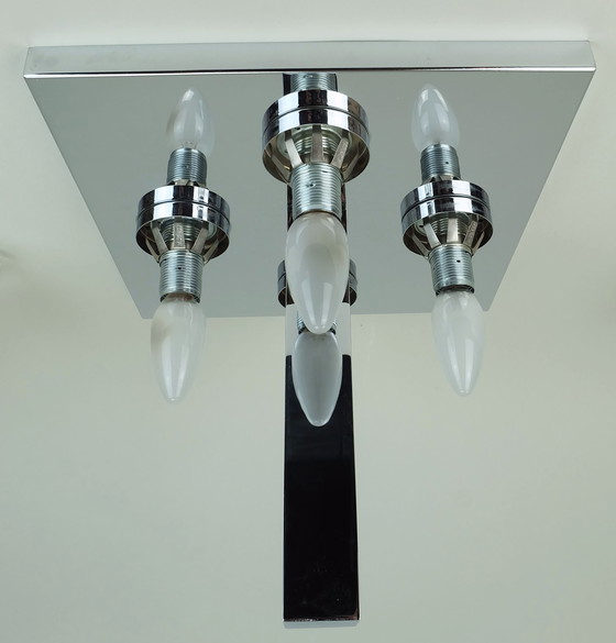 Image 1 of Eccezionale lampada da soffitto a filo di metà secolo con 4 cuboidi in vetro ghiacciato