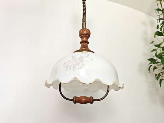 Image 1 of Vintage 1970s Opaline Glass Pendant Light / Mid Century Modern Ceiling Lamp / Scalloped Floral Shade with Wood Brass / Retro Hom